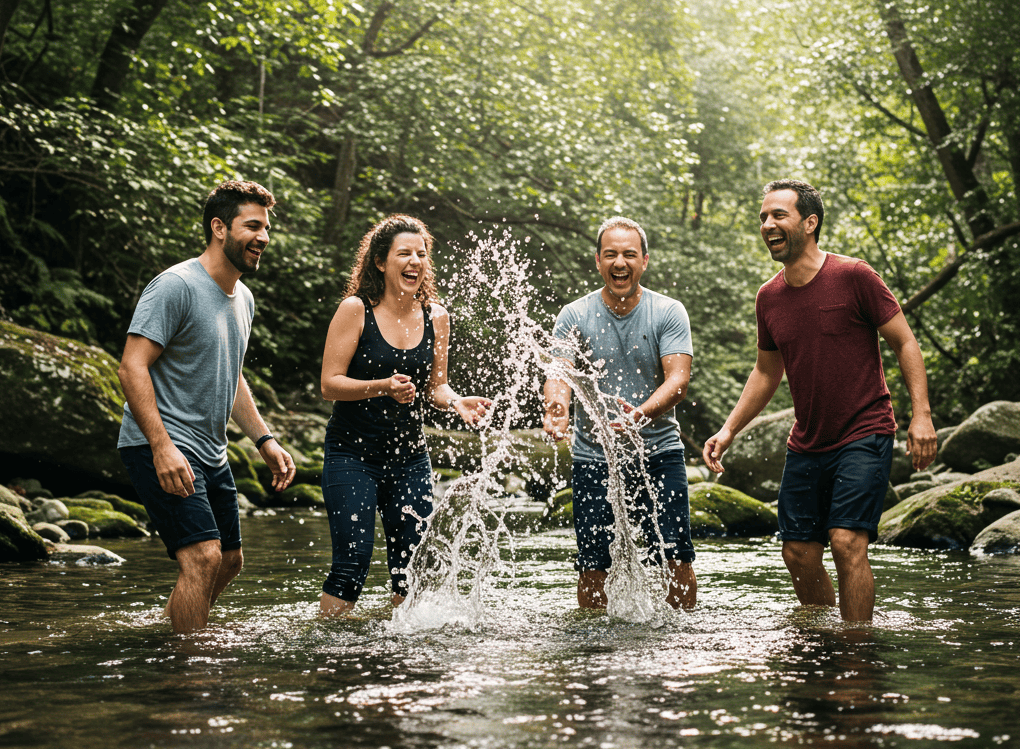 Eine Gruppe geniesst den Spass im Fluss beim Retreat von Refokus